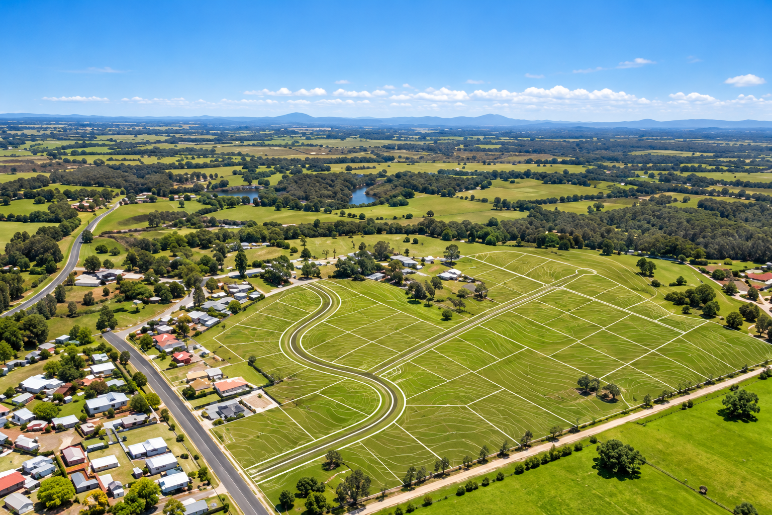 Aerial rural landscape with subdivision layout and contour lines