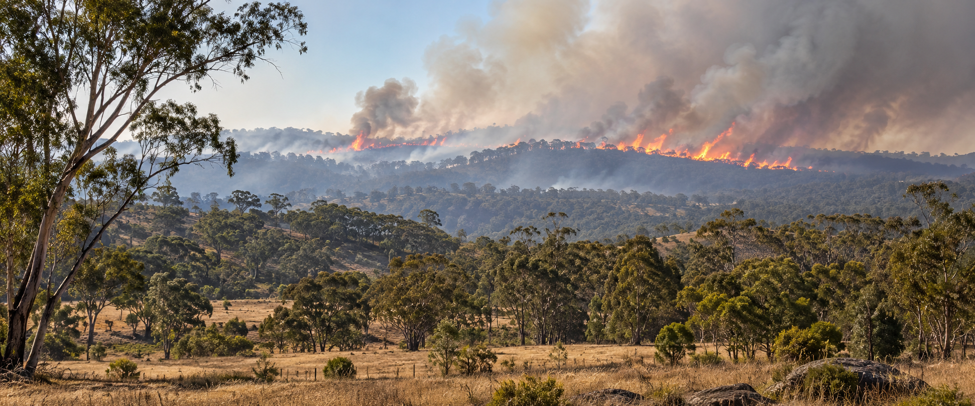 Flames and smoke across Australian eucalyptus bushland